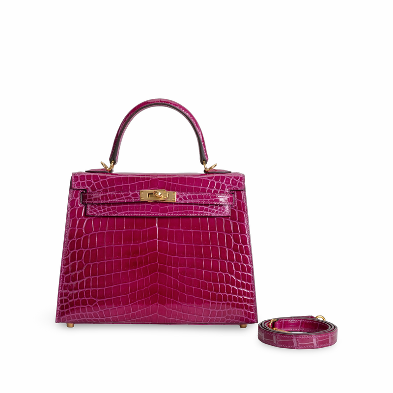 KELLY 25 SHINY (LISSE) MISSISSIPPIENSIS ALLIGATOR LEATHER ROSE SCHEHERAZADE WITH GOLD HARDWARE (GHW)