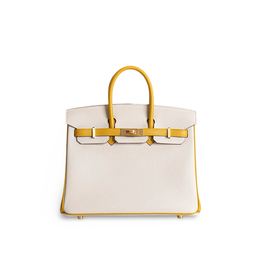 BIRKIN 25 TOGO LEATHER HORSESHOE STAMP (HSS) BI-COLOR CRAIE & JAUNE AMBRE WITH BRUSHED GOLD HARDWARE (BGHW)