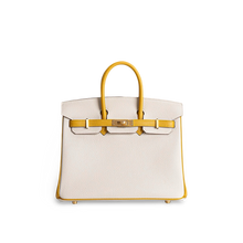 BIRKIN 25 TOGO LEATHER HORSESHOE STAMP (HSS) BI-COLOR CRAIE & JAUNE AMBRE WITH BRUSHED GOLD HARDWARE (BGHW)