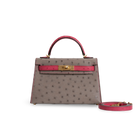 MINI KELLY II (20) OSTRICH LEATHER HORSESHOE STAMP (HSS) BI-COLOR GRIS ASPHALTE & ROSE TYRIEN WITH GOLD HARDWARE (GHW)