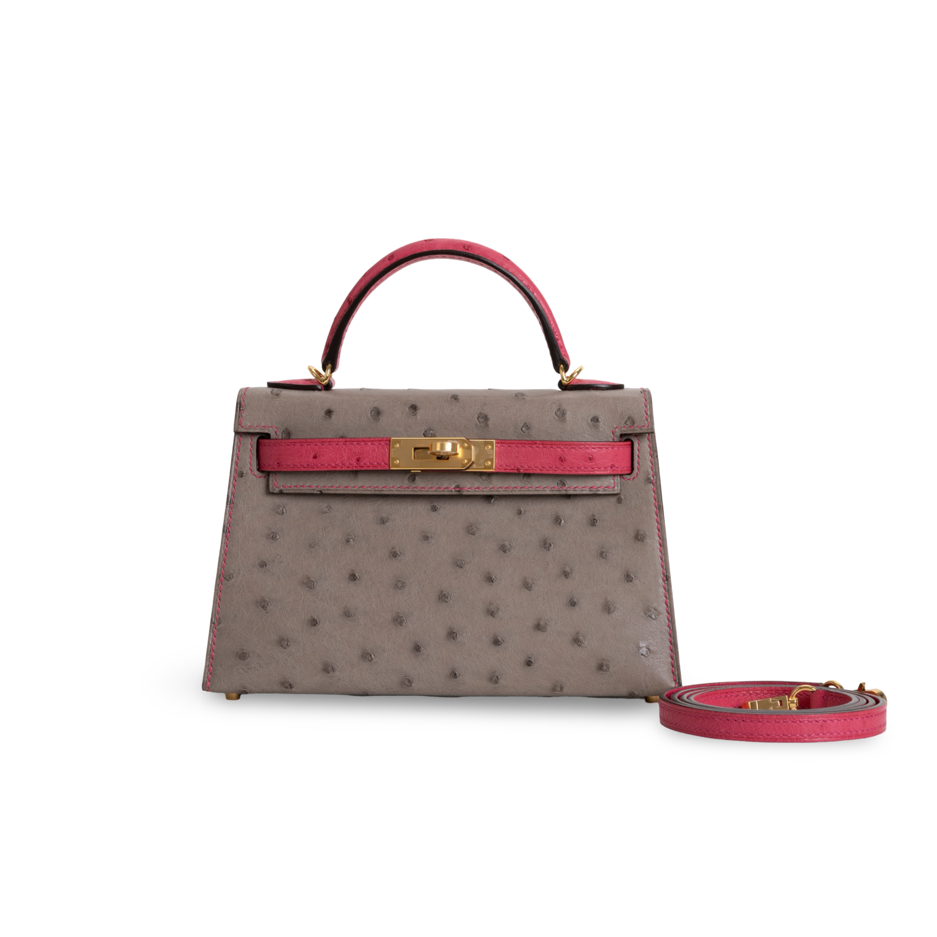 MINI KELLY II (20) OSTRICH LEATHER HORSESHOE STAMP (HSS) BI-COLOR GRIS ASPHALTE & ROSE TYRIEN WITH GOLD HARDWARE (GHW)