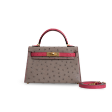 MINI KELLY II (20) OSTRICH LEATHER HORSESHOE STAMP (HSS) BI-COLOR GRIS ASPHALTE & ROSE TYRIEN WITH GOLD HARDWARE (GHW)