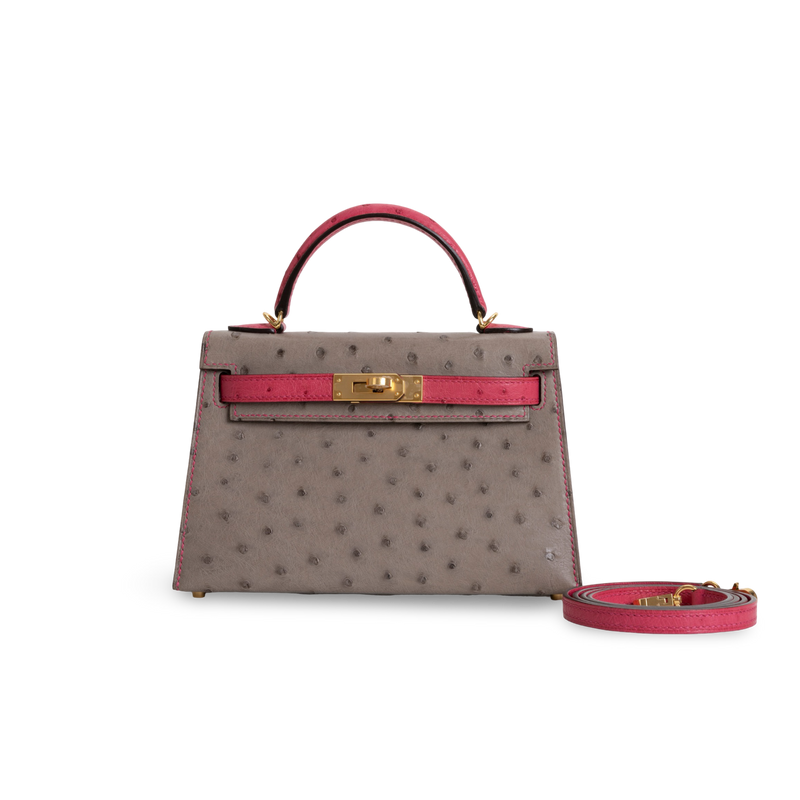 MINI KELLY II (20) OSTRICH LEATHER HORSESHOE STAMP (HSS) BI-COLOR GRIS ASPHALTE & ROSE TYRIEN WITH GOLD HARDWARE (GHW)
