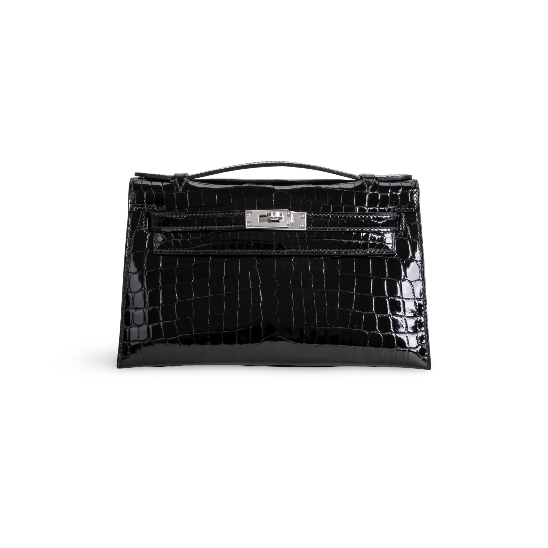 KELLY POCHETTE SHINY (LISSE) NILOTICUS CROCODILE LEATHER NOIR (BLACK) WITH PALLADIUM HARDWARE (PHW)