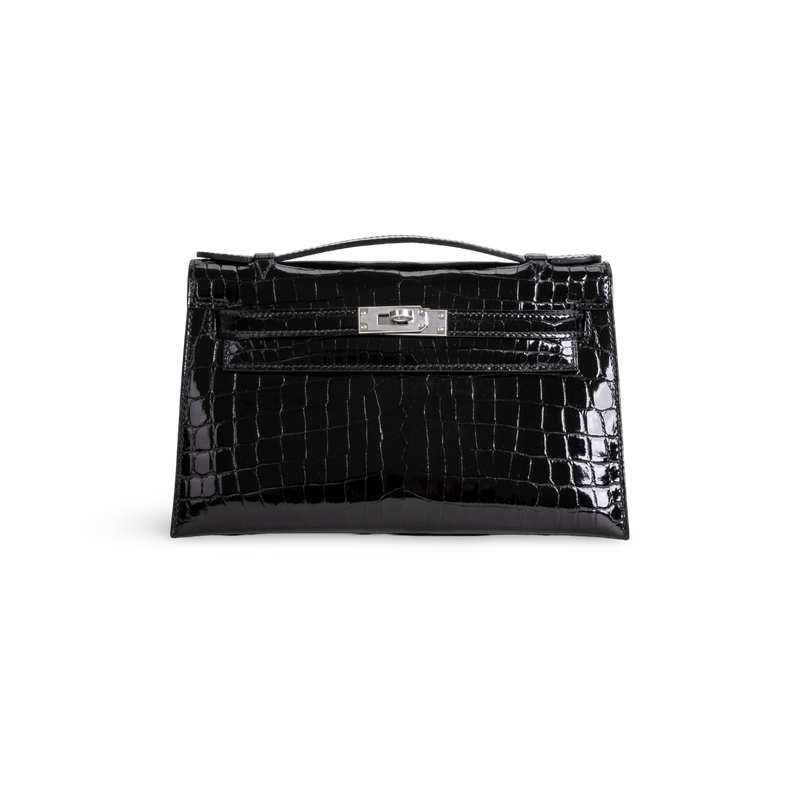 KELLY POCHETTE SHINY (LISSE) NILOTICUS CROCODILE LEATHER NOIR (BLACK) WITH PALLADIUM HARDWARE (PHW)