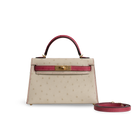 MINI KELLY II (20) OSTRICH LEATHER HORSESHOE STAMP (HSS) BI-COLOR PARCHEMIN & ROSE TYRIEN WITH GOLD HARDWARE (GHW)