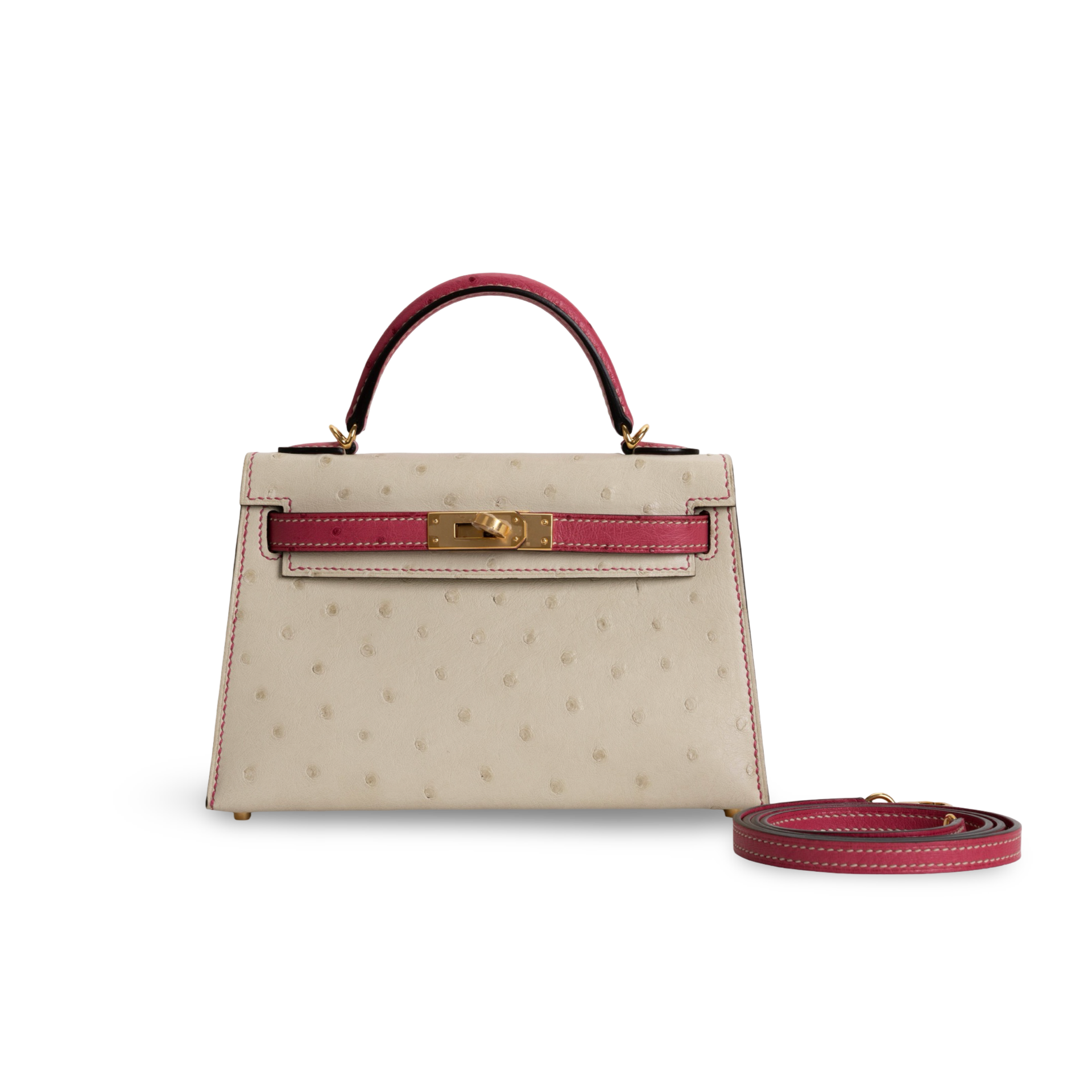 MINI KELLY II (20) OSTRICH LEATHER HORSESHOE STAMP (HSS) BI-COLOR PARCHEMIN & ROSE TYRIEN WITH GOLD HARDWARE (GHW)