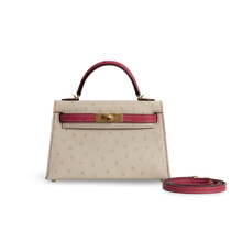 MINI KELLY II (20) OSTRICH LEATHER HORSESHOE STAMP (HSS) BI-COLOR PARCHEMIN & ROSE TYRIEN WITH GOLD HARDWARE (GHW)