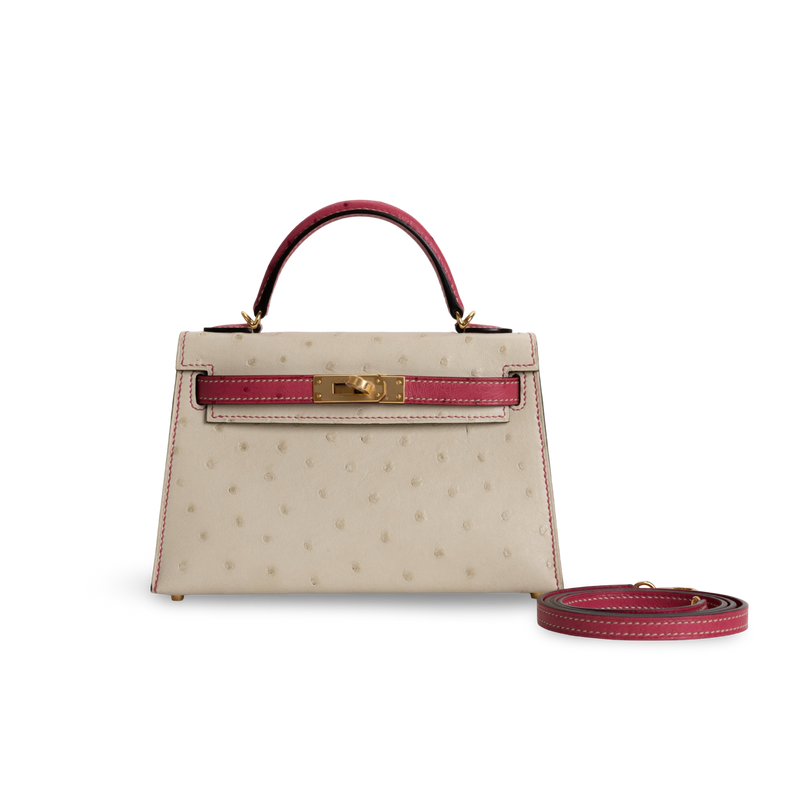 MINI KELLY II (20) OSTRICH LEATHER HORSESHOE STAMP (HSS) BI-COLOR PARCHEMIN & ROSE TYRIEN WITH GOLD HARDWARE (GHW)
