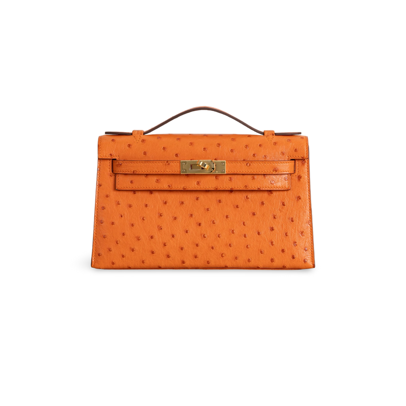 KELLY POCHETTE OSTRICH LEATHER ORANGE WITH GOLD HARDWARE (GHW)