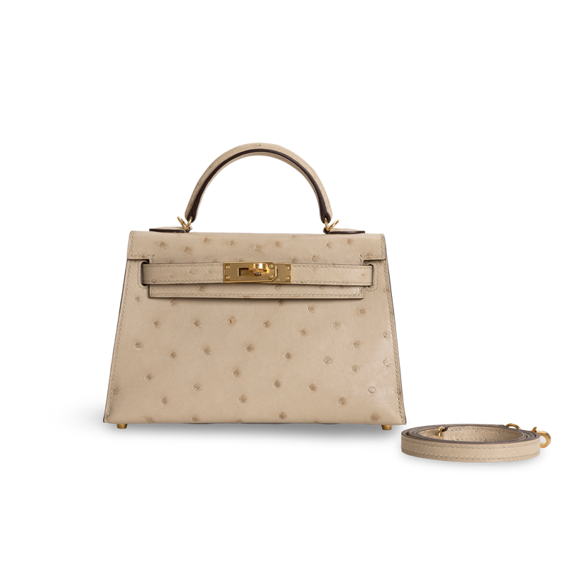 MINI KELLY II (20) OSTRICH LEATHER PARCHEMIN WITH GOLD HARDWARE (GHW)