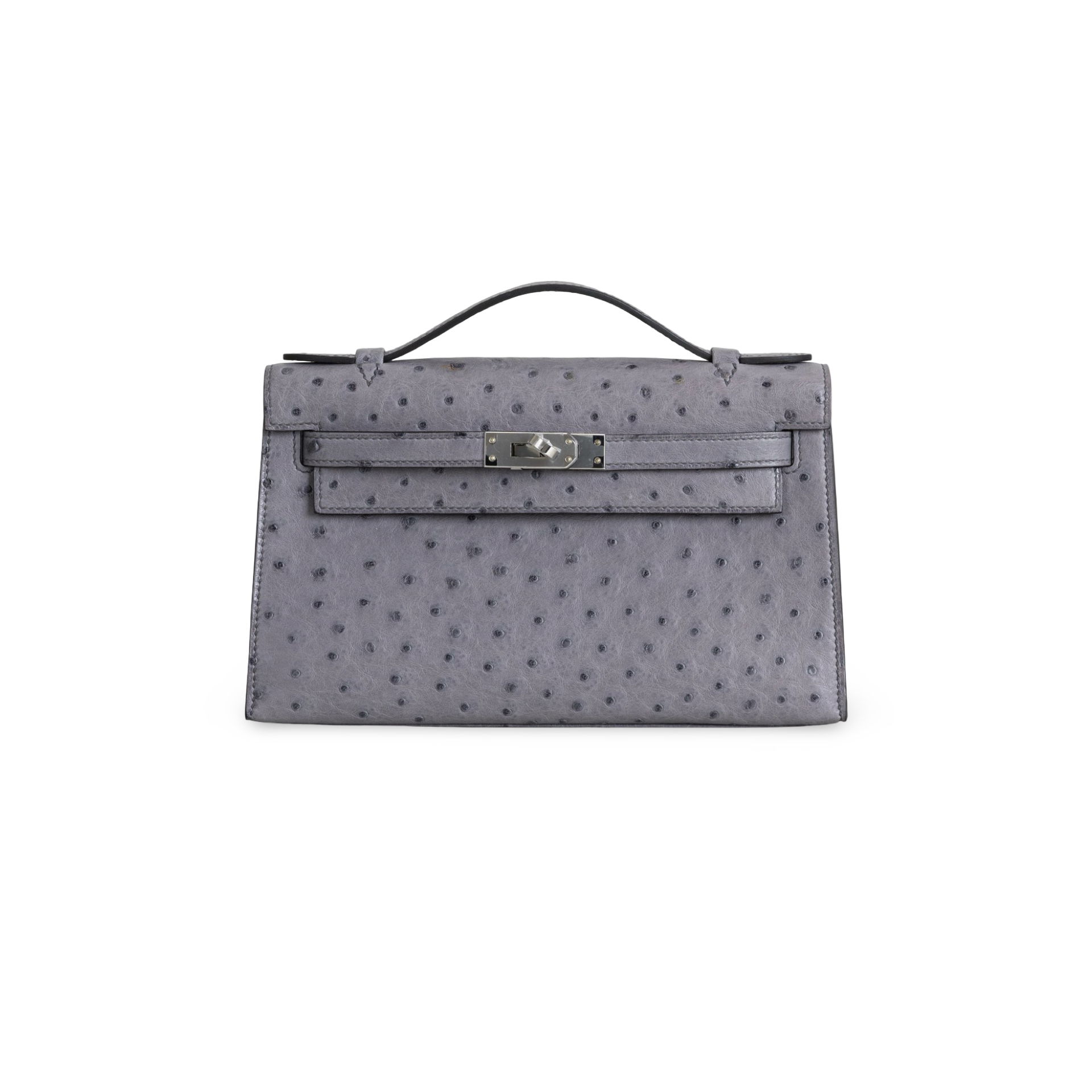 KELLY POCHETTE OSTRICH LEATHER GRIS AGATE WITH PALLADIUM HARDWARE (PHW)