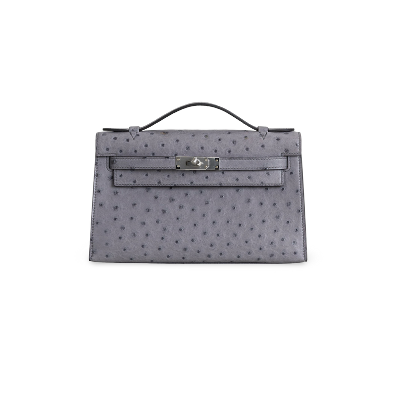 KELLY POCHETTE OSTRICH LEATHER GRIS AGATE WITH PALLADIUM HARDWARE (PHW)