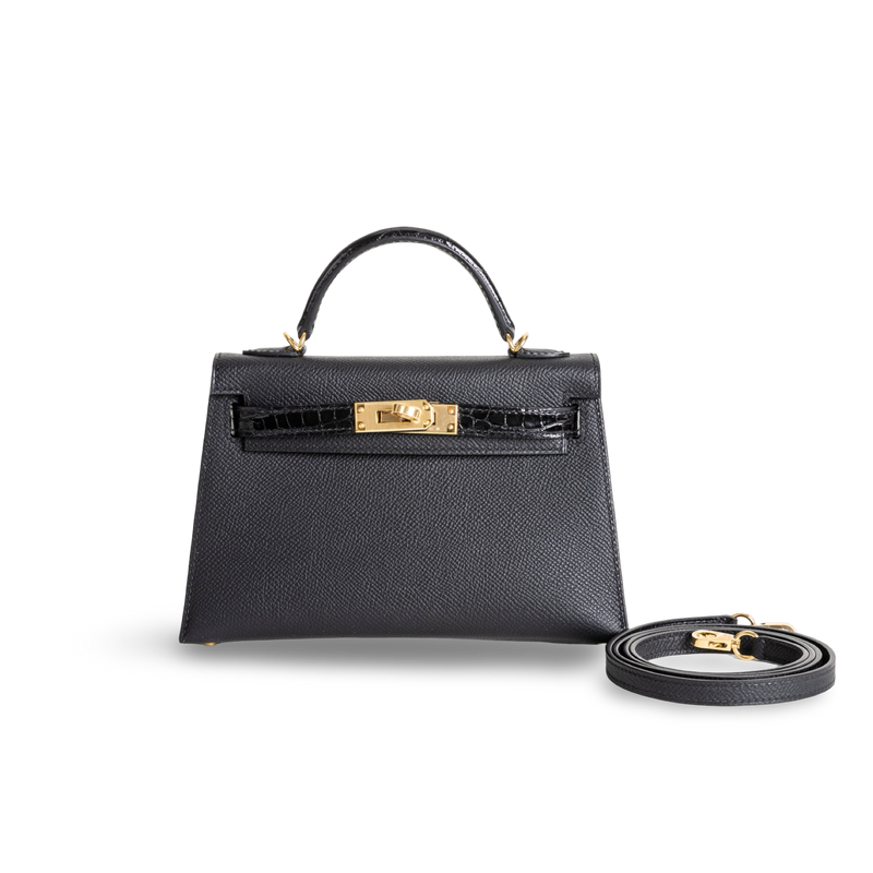 MINI KELLY II (20) TOUCH SHINY MISSISSIPPIENSIS ALLIGATOR LEATHER & EPSOM LEATHER NOIR (BLACK) WITH GOLD HARDWARE (GHW)