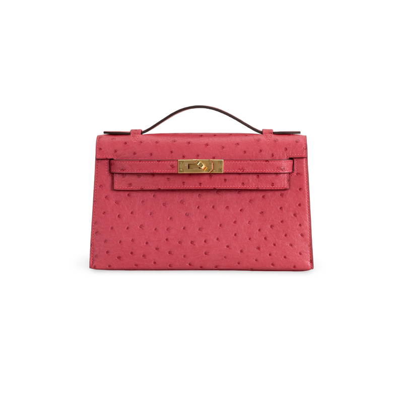 KELLY POCHETTE OSTRICH LEATHER ROSE TYRIEN WITH GOLD HARDWARE (GHW)