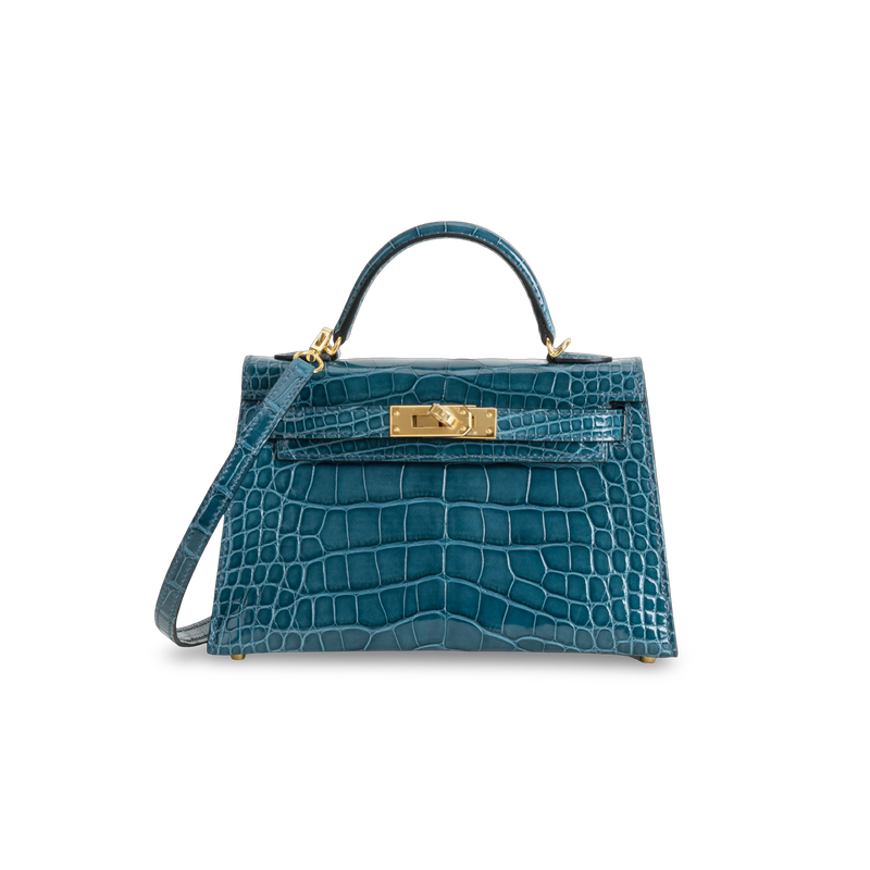 MINI KELLY II (20) SHINY MISSISSIPPIENSIS ALLIGATOR LEATHER BLEU TEMPTE WITH GOLD HARDWARE (GHW)