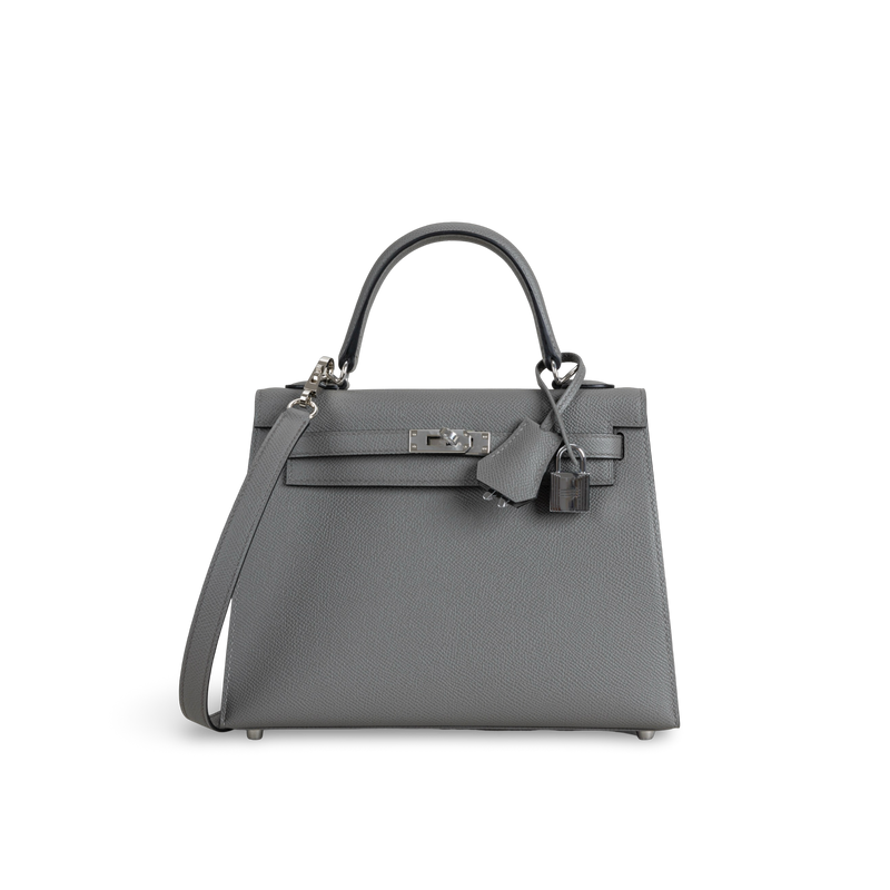 KELLY 25 EPSOM LEATHER GRIS MEYER WITH PALLADIUM HARDWARE (PHW)